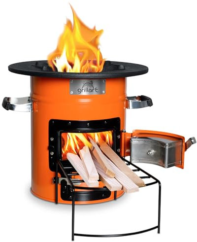 grillart® Raketenofen Outdoor “Powertrain” – effizienter Holzofen als Campingkocher für Dutch Oven und Grillpfannen – besonders effizient bei geringer Rauchentwicklung (Orange ohne Tasche)