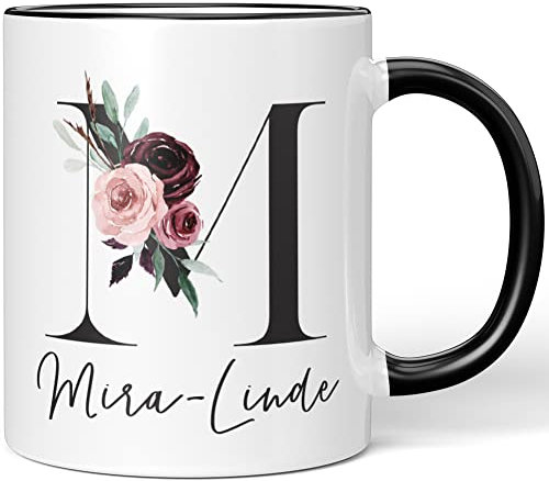 JUNIWORDS Tasse, Mira-Linde, Name Anfangsbuchstabe Initial Alphabet Floral Buchstabe M Monogramm Motiv, Schwarz (5589662)