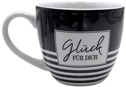 Maxi - Kaffeebecher/Tasse aus Porzellan, schwarz-weiß gestreift, Motiv: Glück für Dich, Größe H/Ø: 9,2 x 10,5 cm, Fassungsvermögen 400 ml, Spülmaschinengeeignet.