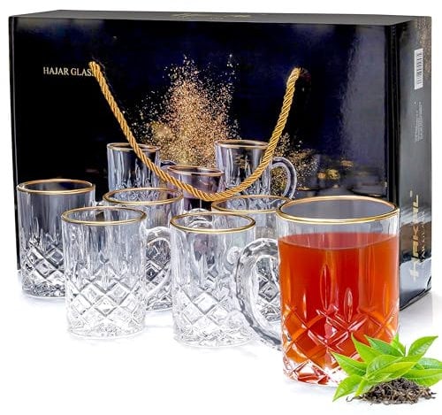 INTIGNIS Elegant Tea Glasses, Drinking Glasses with Handles, 210 ML, Glassware for Hot and Cold Drinks, Clear Cups for Coffee, Espresso, Glass Mugs for Green Tea, Cappuccino Set of 6