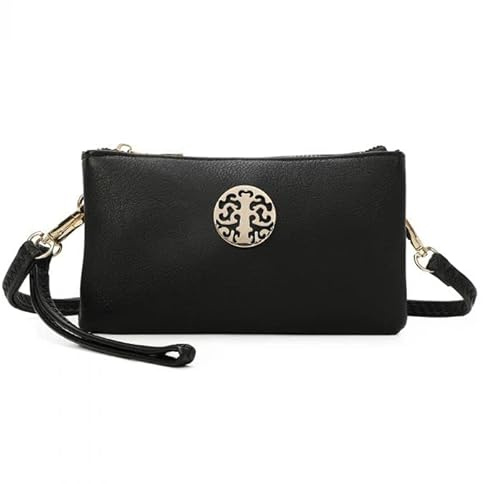 She & Bags Women Golden Badge Detail Multi Function Doubel Compartments Small Wristlet Purse Clutch Crossbody Messenger Handbag