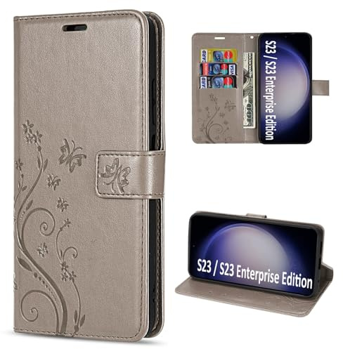 Hülle Kompatibel mit Samsung Galaxy S23 | Premium PU Leder Handyhülle Wallet Case für Galaxy S23 | Schutzhülle Blumen Klapphülle Handyhülle | Grau