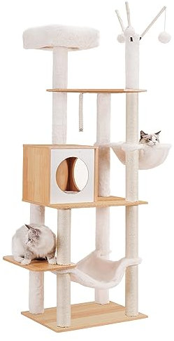 Hey-brother Kratzbaum aus Holz mit Hängematte für Indoor-Katzen, MPJ120WB