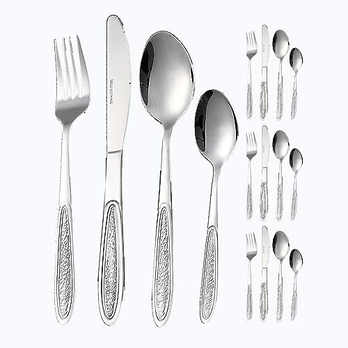 16 Pezzi Vintage Goffrato Placcato Oro Manico Cucina Acciaio Inossidabile Argenteria Posate Posate Coltelli Forchette Cucchiai Set Per 4 Persone (Argento)