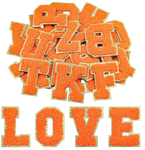 Morcheiong 26 Stück selbstklebende Chenille-Buchstabenflicken A-Z, Buchstaben zum Aufbügeln für selbstgemachte Kleidung, Stoffe, Schuhe, Taschen (Orange)