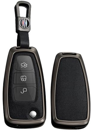 TECART Klapp Autoschlüssel Hülle Passt für Ford Mondeo Fusion Fiesta Kuga Ecosport Focus Escort Galaxy Transit Ranger Ledermuster Schutzhülle Schlüsselcover Zubehör Schlüssel A 3 Taste Schwarz Schwarz