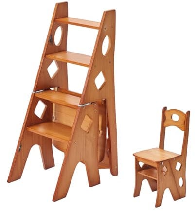 Escalera plegable de madera maciza para biblioteca, silla de 4 peldaños, taburete de 4 peldaños, escalera de 2 usos, para biblioteca, oficina y hogar