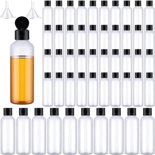 50 Pack 100 ML Plastic Empty Bottles with Flip Cap, Clear Travel Containers with 2 Transfer Funnels, Refillable Squeeze Bottles for Shampoo, Lotion, Liquid Body Soap, Toner