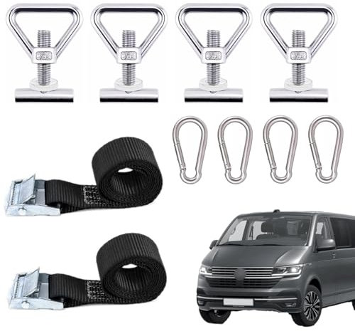 SIMTWO 10 Stück Zurrösen zur Ladungssicherung Set Kompatibel mit VW T5 T6 T6.1, M10 Edelstahl Zurrösen für VW T5/T6 Dach-Schienen, Ladungssicherung Set mit 4er Karabinerhaken 2er Spanngurte Kurz
