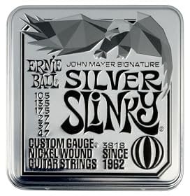 Ernie Ball Corde per chitarra elettrica John Mayer Silver Slinky con avvolgimento in nichel, confezione da 3, calibro 10,5-47, in latta