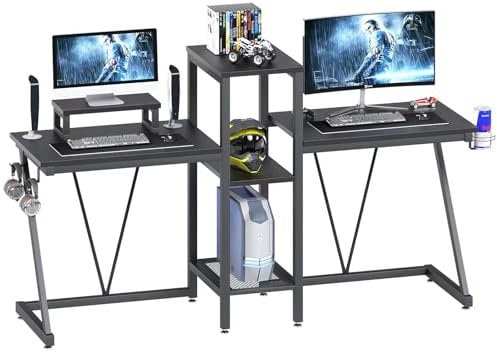 TREETALK 2 Person Gaming Desk,71 Dual Computer Desk with Monitor Stand&2-Layer CPU Stand, 2PCS Headphone Hooks, Cup Holder,PC Laptop Computer Workstaion for Home Office