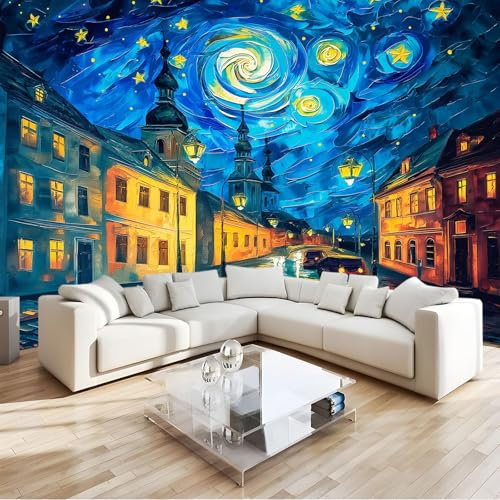 Fototapete Gemälde Straßen Der Stadt Ölgemälde Sternenhimmel Art Mauer VliesTapete 400x280 cm Wandtapete Wanddeko Wand Wohnzimmer Schlafzimmer Wohnung Wandbilder