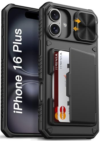 Vihibii for iPhone 16 Plus Case Wallet with Card Holder (4 Cards) [RFID Blocking] & Slide Camera Cover, Military Grade Drop Protection, Rugged Hard Back & Silicone Edge Phone Case, 6.7 2024, Black