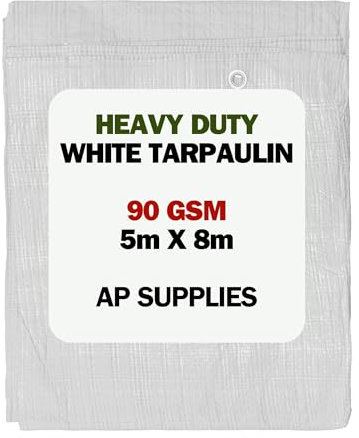 5m x 8m White Tarpaulin - 90gsm Thick - Waterproof, Weatherproof, Frost-Resistant, UV Protection, Universal, Multipurpose, Groundsheet, Camping, Boating, Hiking Heavy Duty Sheet