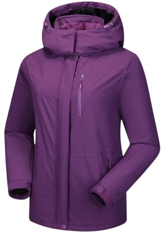 OutPro Skijacke Damen Wasserdicht Snowboardjacke Winterjacke Hooded Warm Winterjacke Dickes Gänsedaunenfutter Doppelte Seitentaschen Wanderjacke mit Reißverschluss für Outdoor-Aktivitäten Violett L