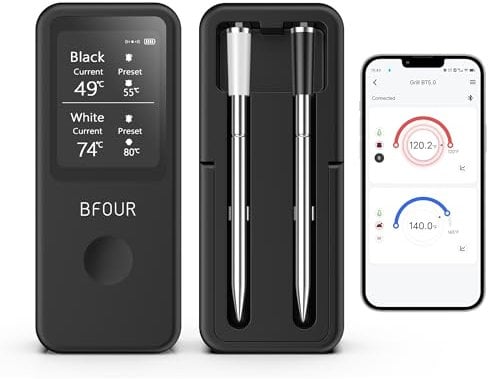 BFOUR Fleischthermometer Kabellos Grillthermometer Bluetooth mit Doppelsonde, App-Steuerung, IP67 wasserdicht, Bratenthermometer drahtlos für Grill, Backofen, Rotisserie