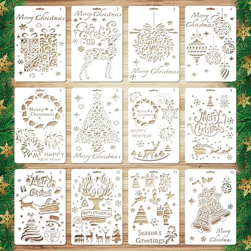 12stk Weihnachtsschablonen zum Basteln, Wiederverwendbare Weihnachtsschablonen zum Malen Schneemann Rentier Schellenglöckchen Schablone Frohe Weihnachten zum Malen Basteln