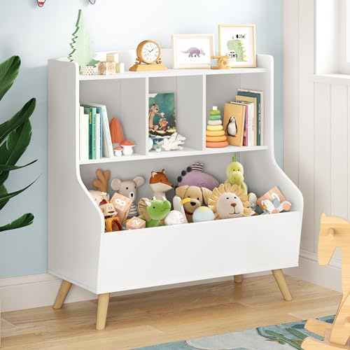 LUE BONA Kinderregal, Bücherregal Aufbewahrungsregal für Kinder, Standregal | 3 Stockwerk der Offenen Lagerung mit Massivholzbeinen, 36 x 61 x 71 cm, Weiß