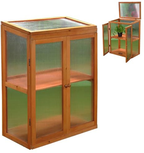 Mucola Gewächshaus Holz Treibhaus Pflanzenhaus mit 2 Türen Anzuchthaus | klappbarer Deckel | Zuchtschrank Pflanzenzucht Ganzjährige Pflanze Garten Balkon Schrank