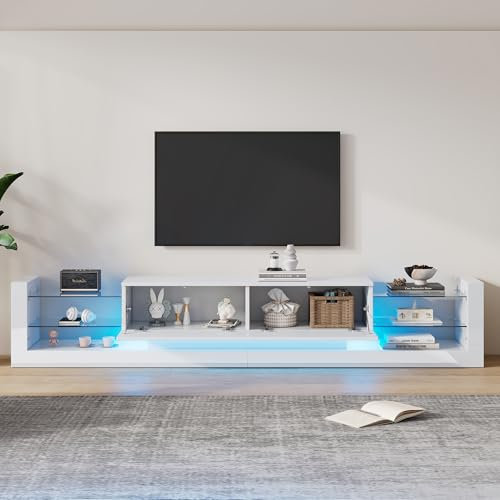 BTM Meuble TV avec LED, Meuble TV Blanc avec Tiroirs et Compartiments, Banc TV en Verre, Tiroirs Rabattables, Charge de 50kg, pour Télévisions jusqu'à 80 Pouces, 181x38x38cm
