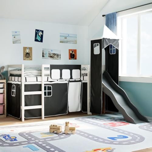 AJJHUUKI Outdoor Furniture-Kids Hochbett mit Turm Weiß & Schwarz 90x190 cm Massivholz Kiefer Möbel