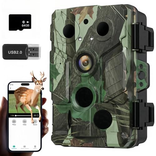 LMHOME Wildkamera WLAN 8K1080P mit 64GB Speicherkarte, Nachtsicht Wildtierkamera Bewegungsaktiviert, IP67 Wasserdicht 100ft 130° Weitwinkel, ohne Glühen für die Jagd Überwachungskamera Outdoor
