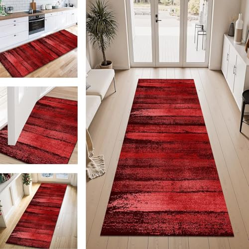 ZESEWU Teppich Läufer Flur Küche rutschfest Rot 90X180CM Vintage Teppichläufer Kücheläufer Lang Waschbar Meterware Küchenteppich Flurteppich Läufer für Wohnraum Schlafzimmer Kinderzimmer Flurläufer