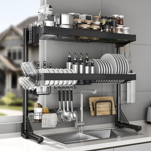 CUISIBOT Escurridor de platos sobre el fregadero, 3 niveles ajustables (20.9 a 33.4 pulgadas), escurridor de platos completo de acero inoxidable, organizador de cocina multifuncional expandible