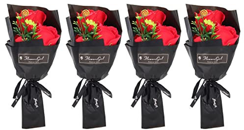 4 PCS Bouquet de fleurs de savon rose exquise, jour de la Saint-Valentin romantique, savon de pétale rose artificiel pour décoration de bureau
