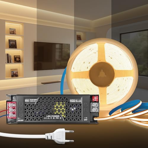 KSIBNW Ruban LED COB 5M, DC 24V Bande LED Blanc Naturel 4000K avec Transformateur 220V 24V 100W Alimentation Réglable, Adhésif Bandeau Lumineuse COB Dimmable pour Chambre, Décoration de la Maison