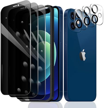 3×Anti-Espion Verre Trempé pour iPhone 12 Mini + 3×Protection Camera Objectif Arriere appareil Photo avec Outil d'Installation Facile, Privacy Film de Protection écran Anti-Spy, Dureté 9H Glas