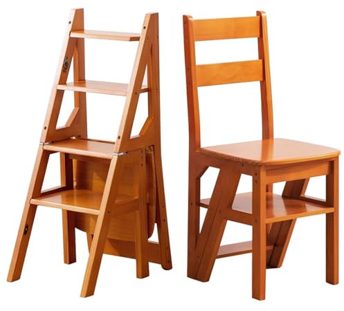 Escabeau pliable à 4 marches en bois pour la maison et le jardin - 46 x 35 x 90 cm - Marron - Idéal pour grimper et exposer des plantes - Rangement facile