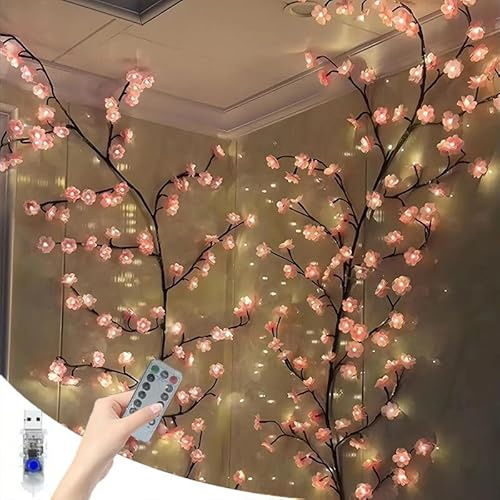 HoldOneLight 2.3M LED 1 PCS Kirschblütenzweig Lichter, 144LEDs Reben Girlande mit Fernbedienung & 8 Beleuchtungsmodi, Indoor Wanddekoration für Schlafzimmer, Hochzeit, Weihnachten