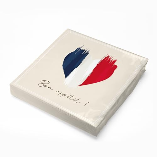 itenga 20x Servietten Frankreich Flagge Herz 30x30 cm 3-lagig – Bon appétit – Papier-Servietten im 20er Pack