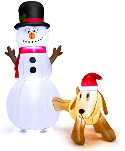 FANTASK Aufblasbarer Schneemann mit Hund LED Beleuchtet, 180 cm Weihnachtsdekoration, groß Weihnachtsdeko für drinnen & draußen, selfstaufblasend