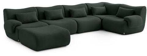 MILYsofa Modulares Wohnlandschaft, 5-Sitzer mit Ottomane, Bouclé-Bezug, Abnehmbare Kissenbezüge (Waldgrün, Wohnlandschaft)
