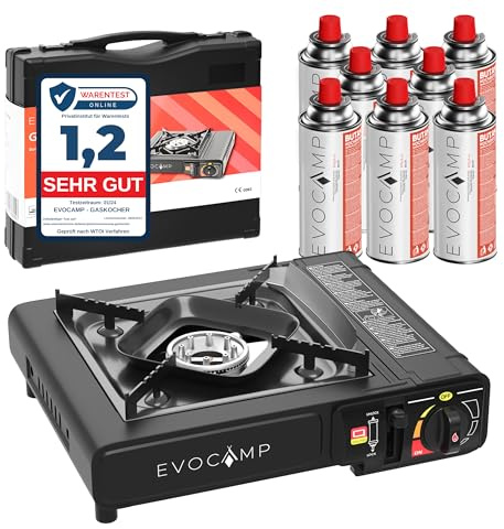 Gaskocher 1-flammig mit Piezozündung, Campingkocher für Gaskartuschen MSF-1a 227 g, Camping Herd mit Tragekoffer - Ideal für Outdoor mit 8 Gaskartuschen
