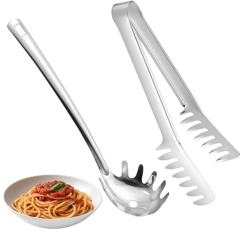 2er-Set Spaghettilöffel, 29cm Nudelzange und 28.7cm Antihaft-Nudellöffel Spülmaschinenfest, Nudelkelle Aus Edelstahl Leicht zum Verstauen für Kochen und Grillen