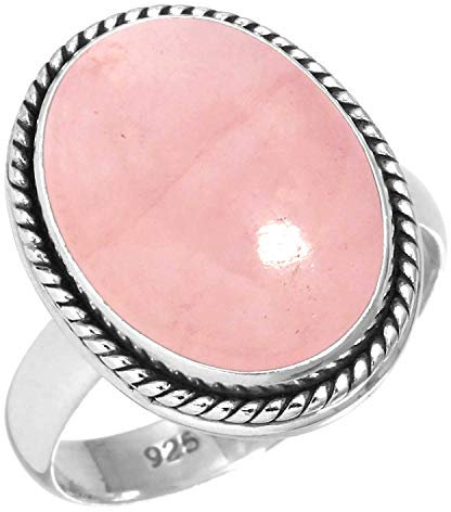 Jeweloporium Bague en argent sterling 925 avec quartz rose, taille 52,5, pour femme, bijou artisanal en grosses pierres ovales