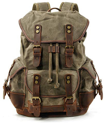 WUDON Herren-Reiserucksack, echtes Leder, gewachstes Segeltuch, Schulter-Wanderrucksack, Grün, Large, Laptop