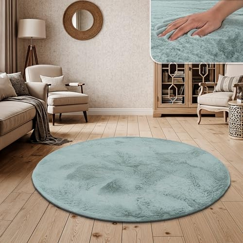 Paco Home Hochflor Teppich Wohnzimmer Schlafzimmer Shaggy Modern Flauschiger Fellteppich Weich Fell Imitat Kunstfell Einfarbig, Grösse:120 cm Rund, Farbe:Türkis