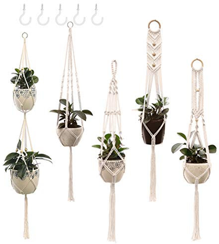 Lynkaya Macrame Plant Hangers Handmade Cotton Rope Flower Pot Holder Hanging Planters Holder Boho Theme Indoor Outdoor Flower Pots Holder Stand - Pack of 5 with Ceiling Hooks,Great Home Office Decor