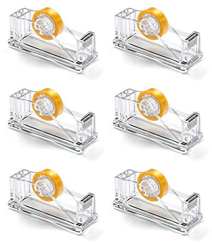 OSCO Clear Acrylic Tape Dispenser with Clear Adhesive Tape & Built-in 2 Pen Slots, Stylish Heavy-Duty Desk Accessory for Home Office, Modern Workstation, 6 Pack