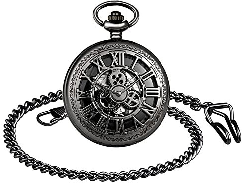 SUPBRO Damen Herren Taschenuhr Römische Loch Ziffern Analog Mechanische Kettenuhr Uhr mit Halskette Pullover Kette Schwarz