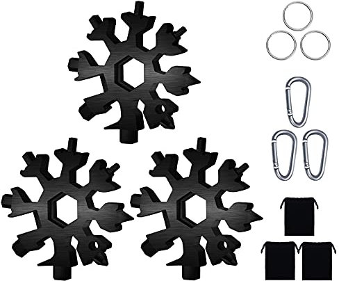 3 Stücke 18 in 1 Schneeflocken Multi-tool mit Karabiner und Schlüsselring, Geschenke für Männer, Edelstahl Tragbare Schneeflocken Multifunktionswerkzeug für Outdoor Abenteuer Camping (Schwarz)