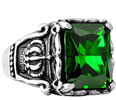 HIJONES Herren Stein Krone König Ring Goth aus Edelstahl Quadrat Edelstein Statement Ehering Grün Größe 60