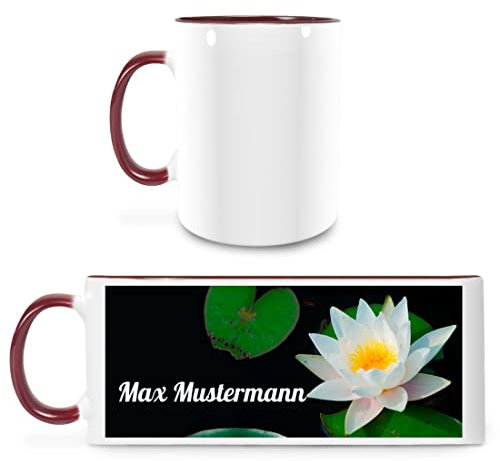 Manutextur Tasse mit Namen - personalisiert - Motiv Seerose - viele Farben & Motive - weiß/Marone - persönliches Geschenk mit Wunsch-Motiv und Wunsch-Name