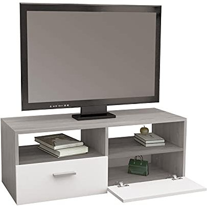 ML-Design TV-Lowboard aus Holz in Weiß/Grau, 95x36x35cm, Modernes TV-Board mit Stauraum für Wohnzimmer, Fernsehschrank Stehend mit 2 Klapptüren und 2 offenen Fächern, Fernsehtisch Sideboard TV-Schrank