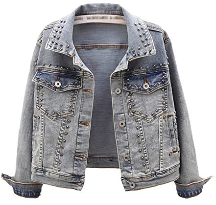 Vintage Niet Kurze Jeansjacke Mantel Damen Kurze Oberbekleidung Herbst Schlanke Student Jean Jacke Blue M