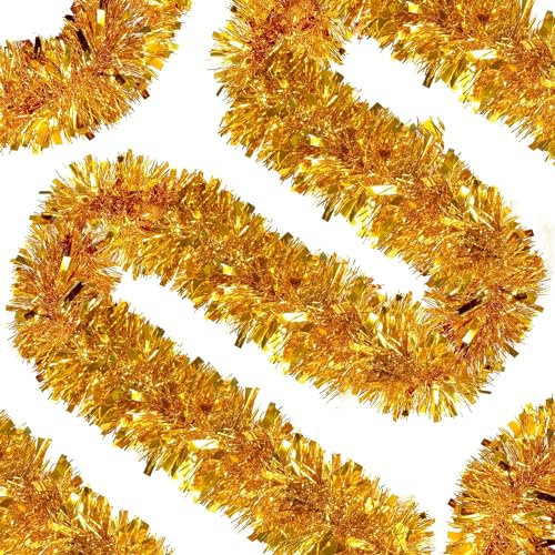 26.2 Ft Christmas Tinsel Garland Xmas Party Metallic Tinsel Twist Garland Glitter Christmas Tree Hanging Wreath Decor for Staircase Railing Banister Indoor Outdoor Ornament (Gold)